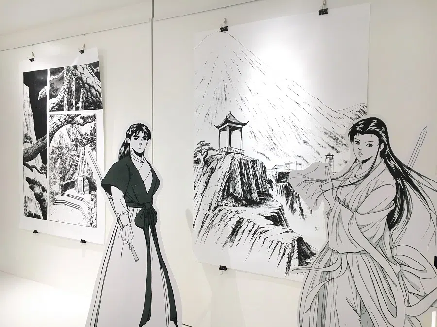 Artwork from Return Of The Condor Heroes manga adaptation of Louis Cha’s novel by Wee Tian Beng at an exhibition by Asiapac Books at Zall Bookstore.  (Photo by Olivia Ho)
