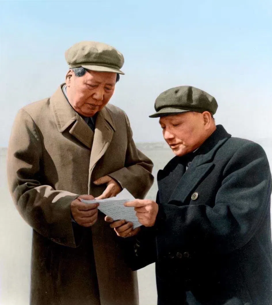 Mao and Deng Xiaoping discussing work in the 1950s. Deng was considered a Maoist but was later persecuted during the Cultural Revolution.