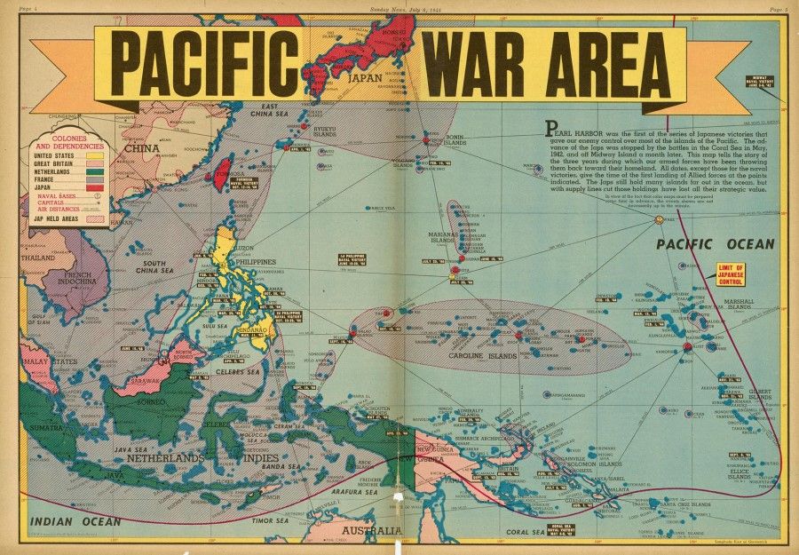 This map published on 8 July 1945 shows Allied victories in the Pacific War Area three years after Pearl Harbor.