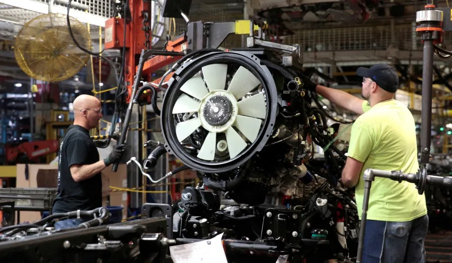 Workers at the General Motors Flint Assembly Plant in Flint, Michigan, US, 5 February 2019. There has been much talk of bringing manufacturing back to the US. (Rebecca Cook/Reuters)