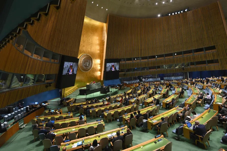 US ambassador to the United Nations Linda Thomas-Greenfield addresses the UN General Assembly meeting on the "temporarily occupied territories of Ukraine" marking the second anniversary of the Russian invasion, at the UN Headquarters in New York City on 23 February 2024. (Angela Weiss/AFP)