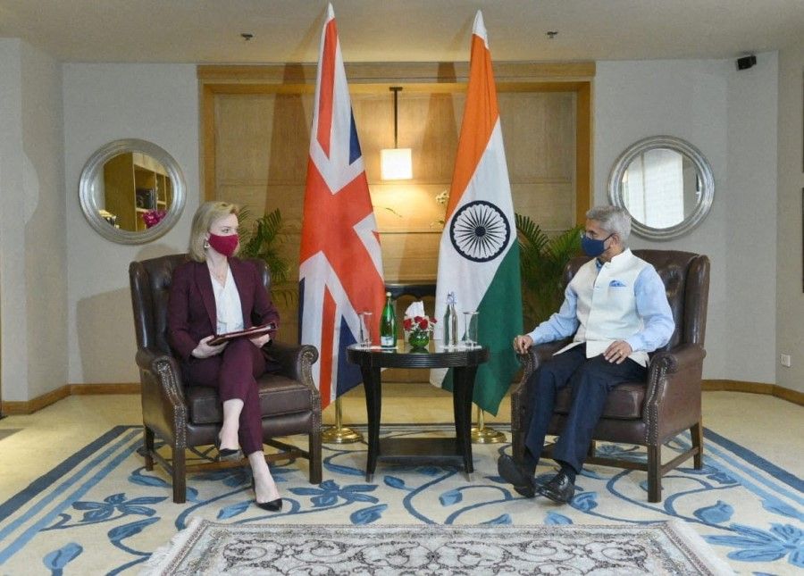 India's Foreign Minister Subrahmanyam Jaishankar and British Foreign Secretary Liz Truss are seen before their meeting in New Delhi, India, 31 March 2022. (@DrSJaishankar/ Twitter/Handout via Reuters)