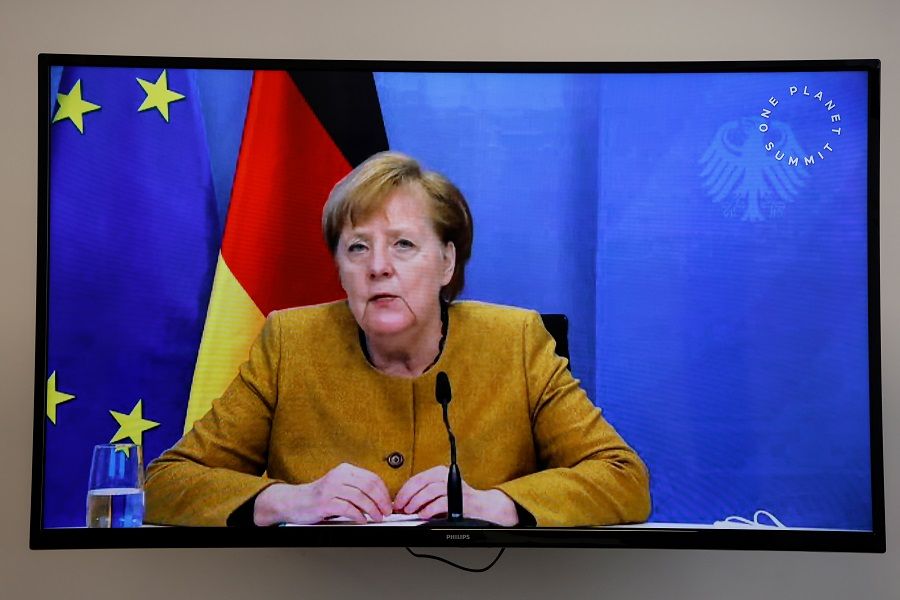 German Chancellor Angela Merkel speaks during a video conference at the "One Planet Summit" on biodiversity at The Elysee Palace in Paris, France, 11 January 2021. (Ludovic Marin/Pool via Reuters)