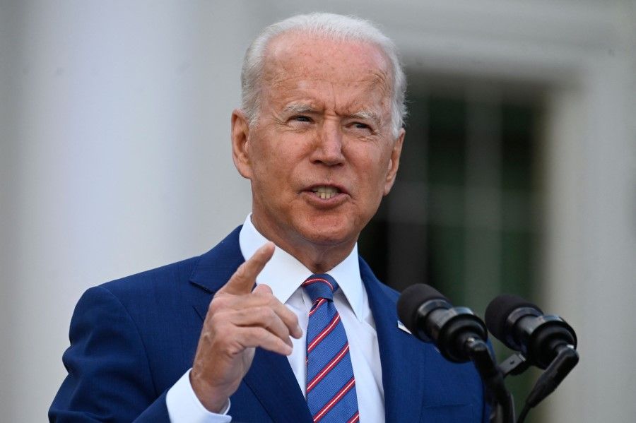 US President Joe Biden gestures as he speaks during Independence Day celebrations on the South Lawn of the White House in Washington, DC, 4 July 2021. (Andrew Caballero-Reynolds/AFP)