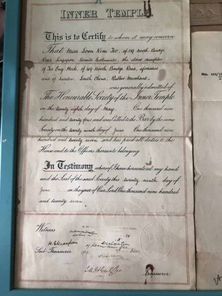 Teo Soon Kim's graduation certificate from London's Honourable Society of the Inner Temple.