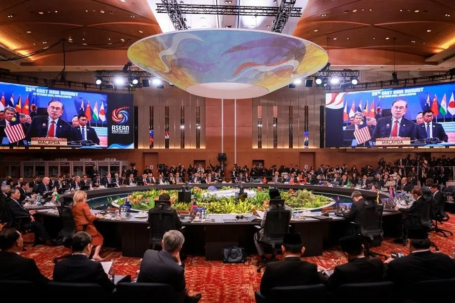 Malaysia Prime Minister Datuk Seri Anwar Ibrahim speaking at the 20th East Asia Summit (EAS) at the Kuala Lumpur Convention Centre in Kuala Lumpur, Malaysia, on 27 October 2025.