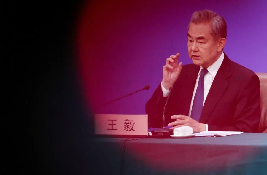 Chinese Foreign Minister Wang Yi speaks during a press conference on the sidelines of the National People’s Congress, in Beijing, China, on 8 March 2026. (Maxim Shemetov/Reuters)
