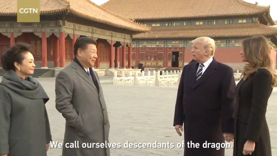 Screenshot of a video clip showing US President Donald Trump and Chinese President Xi Jinping at the Forbidden City, November 2017. (Twitter/CGTN)