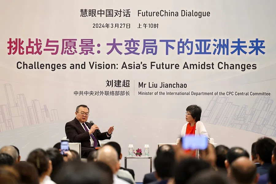 Liu Jianchao and Lee Huay Leng, editor-in-chief of the Chinese Media Group, SPH Media, at the FutureChina Dialogue at Shangri-la Singapore on 27 March 2024. (SPH Media)