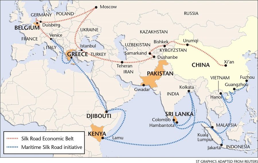 World map showing the trade route for China's Belt and Road Initiative, aimed at reviving economic development along the overland Silk Road Economic Belt and a Maritime Silk Road that connects China with Southeast Asia, Africa and Europe. (SPH Media/Graphics adapted from Reuters)