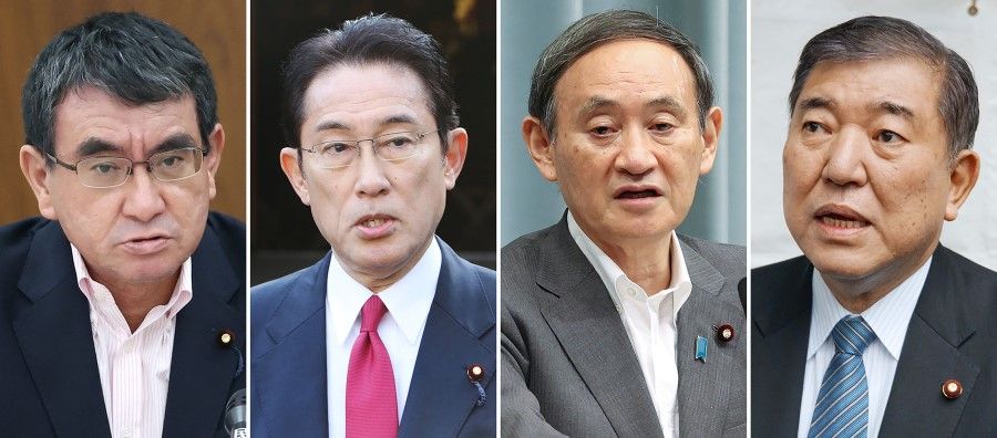 This combination image of four undated photographs shows (from L to R) Japan's Defence Minister Taro Kono, Liberal Democratic Party member Fumio Kishida, Japan's Chief Cabinet Secretary Yoshihide Suga, and Liberal Democratic Party member Shigeru Ishiba, who are contenders to replace Shinzo Abe after announcing his resignation as the country's prime minister. (Jiji Press/AFP)