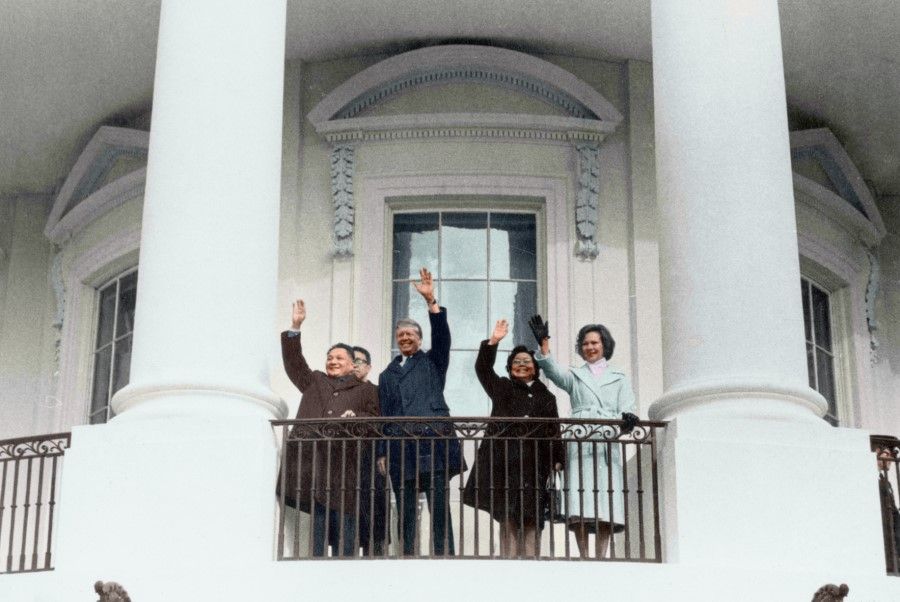 Deng Xiaoping and his wife with US President Jimmy Carter and wife waving to the crowd on the balcony of the White House, February 1979. This was a symbol of a new chapter in China-US relations.