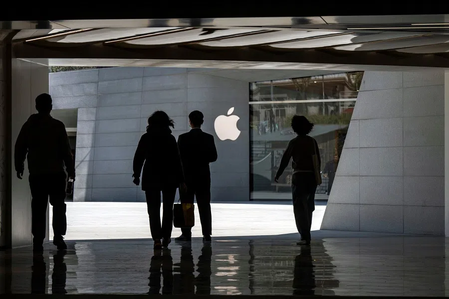 The Apple Inc. Jing’an Temple store in Shanghai, China, on 14 April 2025. President Donald Trump pledged he will still apply tariffs to phones, computers and popular consumer electronics, downplaying a weekend exemption as a procedural step in his overall push to remake US trade. (Qilai Shen/Bloomberg)