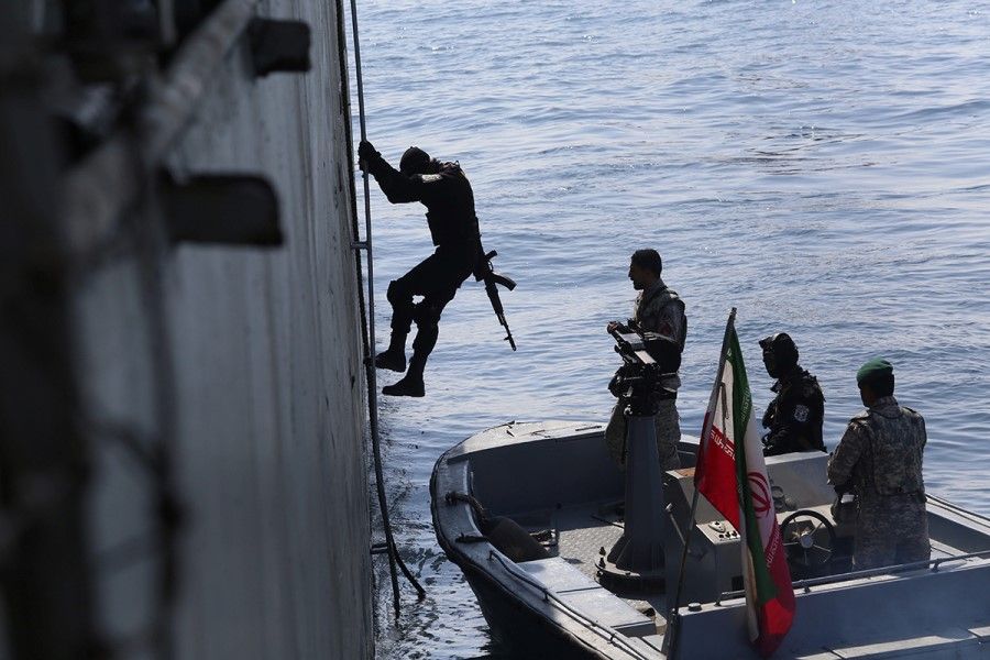 Members of the Iranian navy participate in a joint naval exercise between Iran and Russia in the Indian Ocean, Iran, 17 February 2021. Iranian Army/WANA (West Asia News Agency) via Reuters