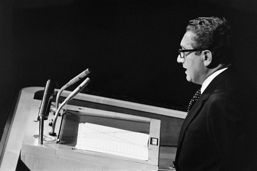 US Secretary of State Henry Kissinger addresses members of the United Nations Security Council at the UN headquarters, on 24 September 1973 in New York. (AFP)