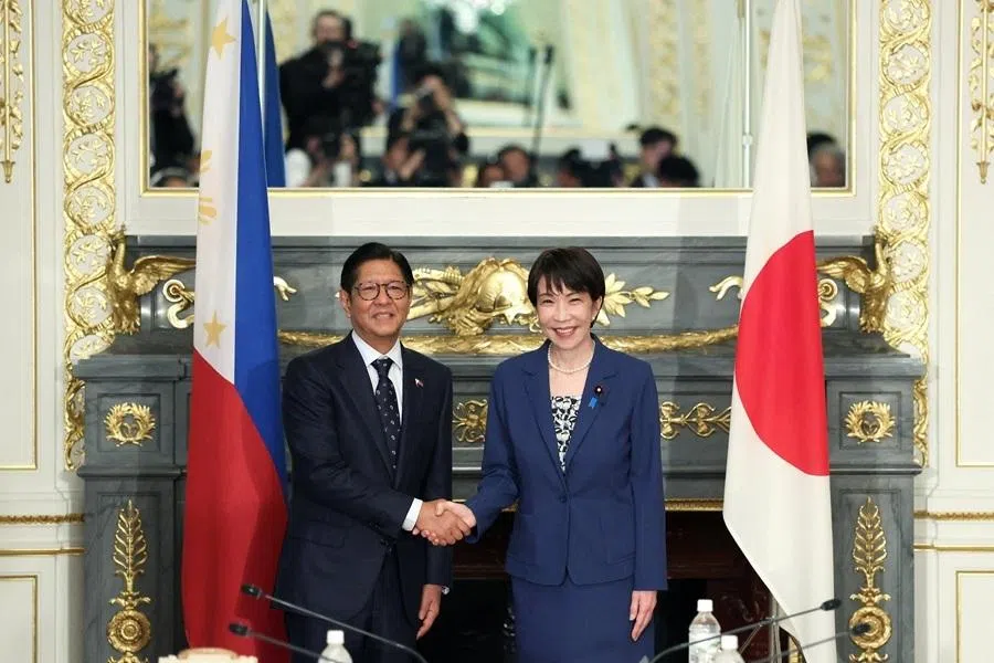 Japanese Prime Minister Sanae Takaichi and Philippine President Ferdinand Marcos Jr shake hands before a summit meeting at the Akasaka Palace State Guest House in Tokyo, Japan, on 28 May 2026.