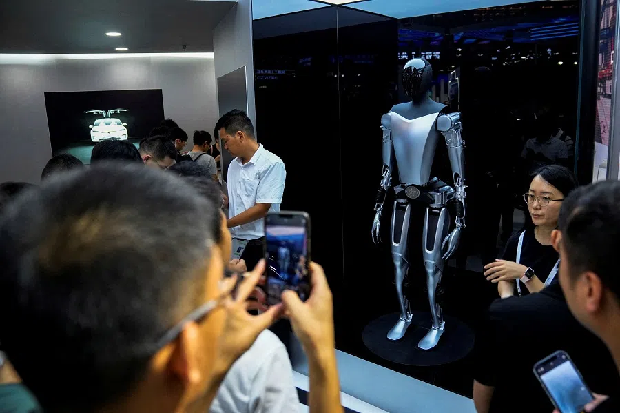 A Tesla Bot on display at the World Artificial Intelligence Conference in Shanghai, China, on 6 July 2023.