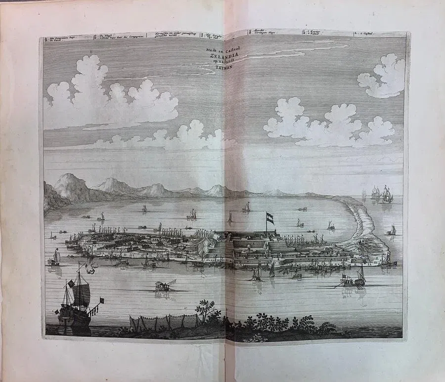 A 17th-century Dutch depiction of Fort Zeelandia in Tainan, a military fortress built by the Dutch.