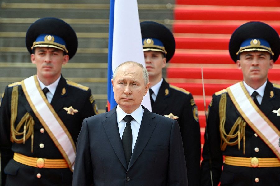 Russian President Vladimir Putin stands in front of members of Russian military units, the National Guard and security services during his address praising them for upholding orders during a mutiny by the Wagner mercenary group, in Cathedral Square at the Kremlin in Moscow, Russia, 27 June 2023. (Sputnik/Sergei Guneev/Pool via Reuters/File Photo)