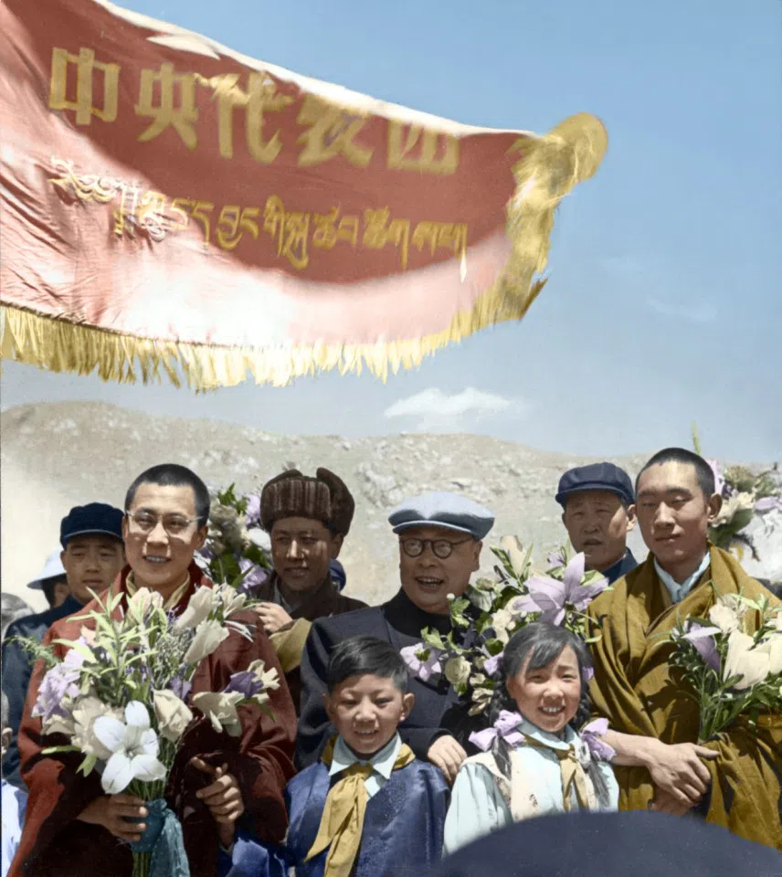 The Dalai Lama and Panchen Lama receiving Vice Premier and central government delegation head Chen Yi in Lhasa, April 1956.