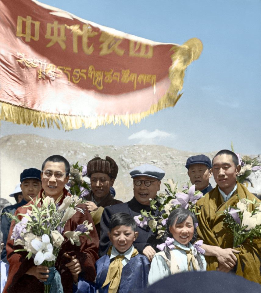 The Dalai Lama and Panchen Lama receiving Vice Premier and central government delegation head Chen Yi in Lhasa, April 1956.