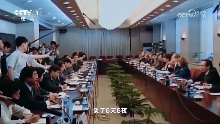 A screen shot from the documentary showing the talks for China to join the WTO stretching late into the night.
