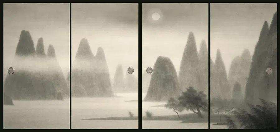 Kaii Higashiyama, Moonlit Evening in Guilin, Toshodaiji Temple wall mural, exhibited at Shanghai Museum in 2019/2020. (Shanghai Museum)