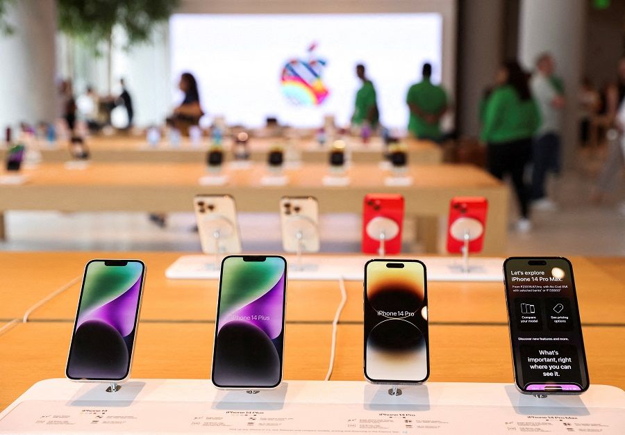 Apple iPhones are seen inside India's first Apple retail store during a media preview in Mumbai, India, on 17 April 2023. (Francis Mascarenhas/Reuters)