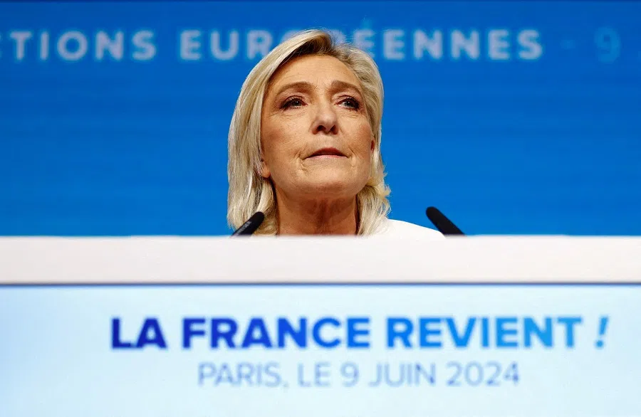 Marine Le Pen, president of the French far-right National Rally party parliamentary group, addresses party members after the polls closed during the European Parliament elections, in Paris, France, on 9 June 2024. 