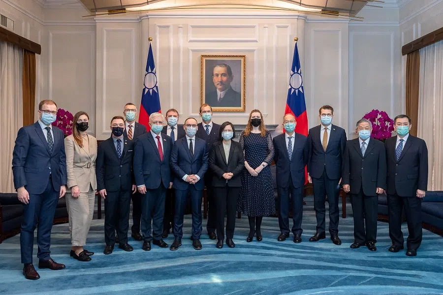 Taiwan President Tsai Ing-wen poses for pictures with a delegation of lawmakers from Lithuania, Latvia, and Estonia, at the Presidential Office in Taipei, Taiwan, 29 November 2021. (Taiwan Presidential Office/Handout via Reuters)