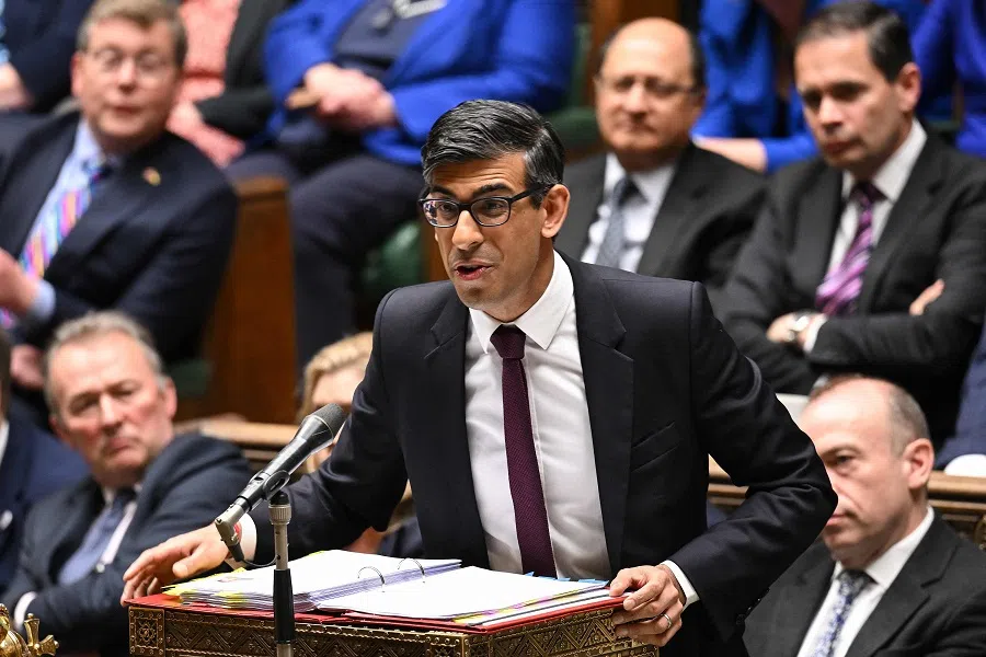 A handout photograph released by the UK Parliament shows Britain's Prime Minister Rishi Sunak speaking during the weekly session of Prime Minister's Questions (PMQs) at the House of Commons, in London, Britain, on 10 May 2023. (Jessica Taylor/UK Parliament/AFP)