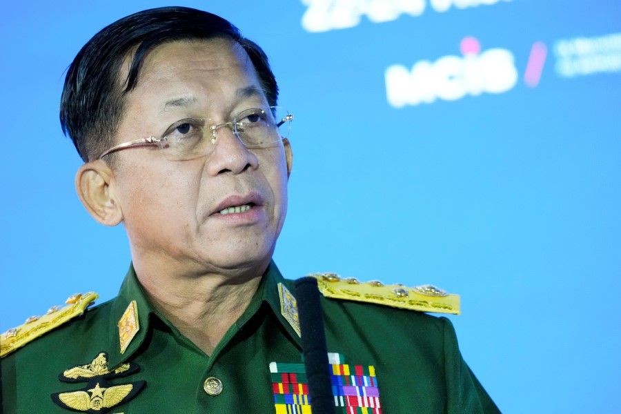 Commander-in-Chief of Myanmar's armed forces, Senior General Min Aung Hlaing delivers his speech at the IX Moscow conference on international security in Moscow, Russia, 23 June 2021. (Alexander Zemlianichenko/Pool via Reuters)