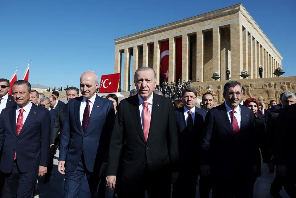 Turkish President Tayyip Erdoğan attends a Republic Day ceremony at Anitkabir, the mausoleum of modern Turkey’s founder Ataturk, to mark the republic’s 101st anniversary, in Ankara, Turkey, on 29 October 2024. (Mustafa Kamaci/Presidential Press Office/Handout via Reuters)