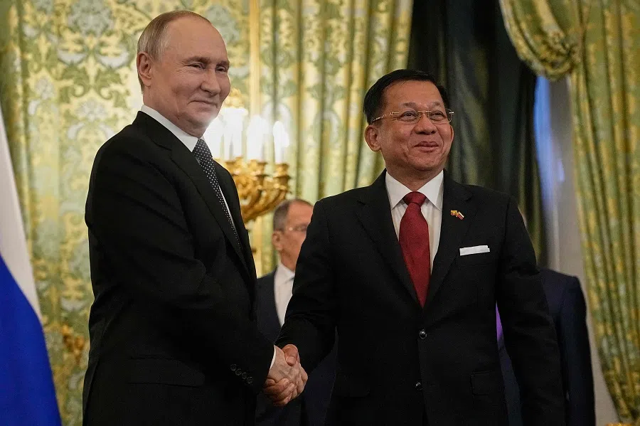 Russian President Vladimir Putin shakes hands with Myanmar’s military chief Min Aung Hlaing during their meeting at the Grand Kremlin Palace in Moscow on 4 March 2025. (Pavel Bednyakov/AFP)