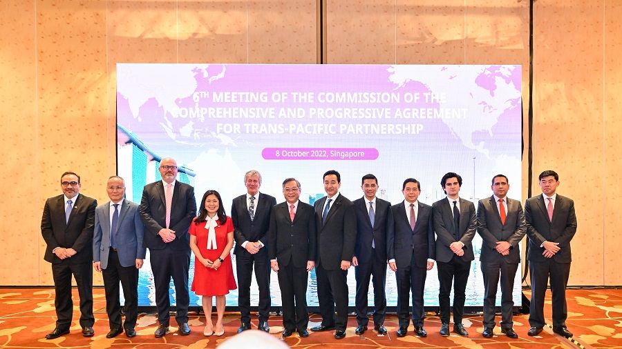 The trade ministers from the 11 member countries at the Comprehensive and Progressive Agreement for Trans-Pacific Partnership meeting held at the Sands Expo and Convention Centre in Singapore on 8 October 2022. (SPH Media)