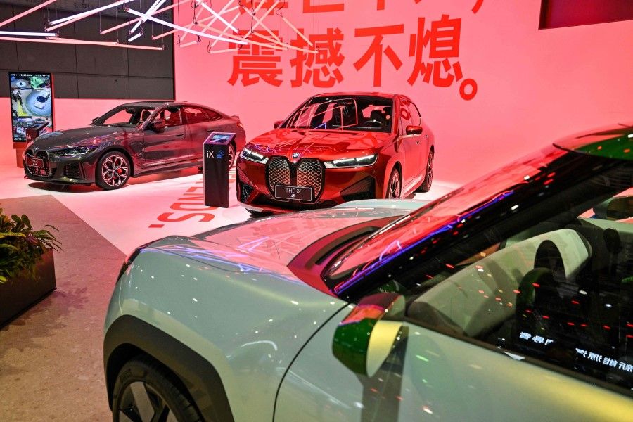 BMW XM cars are displayed during the 20th Shanghai International Automobile Industry Exhibition in Shanghai on 18 April 2023. (Hector Retamal/AFP)