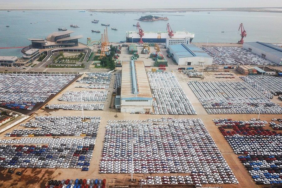 This aerial photo taken on 7 September 2021 shows a view of cars at Lianyungang Port in Lianyungang, Jiangsu province, China. (STR/AFP)