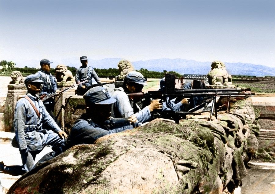 The Chinese 29th Route Army holding their lines during the Marco Polo Bridge incident, 7 July 1937. When a Japanese soldier went missing during a military exercise in Beiping (now Beijing), the Japanese troops stationed there asked for permission to enter Wanping to conduct a search. The Chinese army refused, and an armed conflict broke out, becoming a full-blown war.