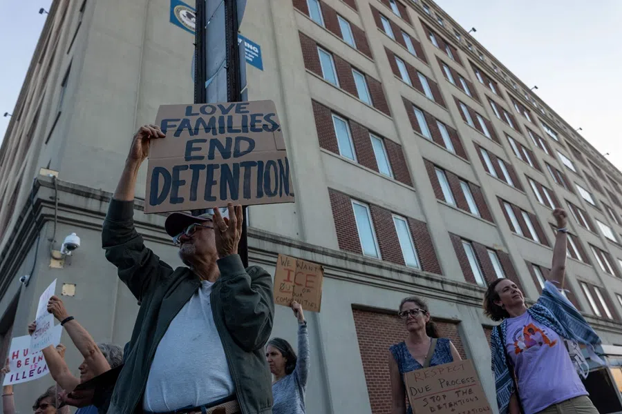 Dozens of people participate in an anti-Immigration and Customs Enforcement (ICE) rally outside of the Brooklyn Metropolitan Detention Center on 2 September 2025, in New York City. (Spencer Platt/Getty Images/AFP)