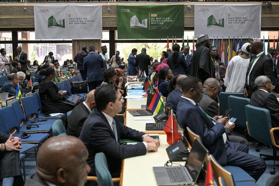 Delegates attend the 43rd Ordinary Session opening ceremony of the ongoing Executive Council meeting at the United Nations (UN) offices in Gigiri, Nairobi, Kenya on 13 July 2023. (Simon Maina/AFP)