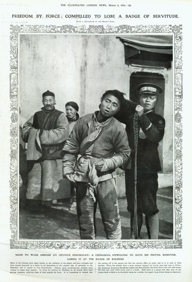 The Illustrated London News of 2 March 1911 ran an article on social changes in the early days of the Republic. When the Manchus came into power, they forced the Hans to keep their hair in queues in order to keep their heads. Queues were part of the image of Chinese to foreigners, and was once an euphemism for being uncivilised. For many people, the first thing to do after the Republic was established was to cut off the symbol of the Manchus. Others had not adapted to the Republic and unwillingly had their queues cut off by the police.