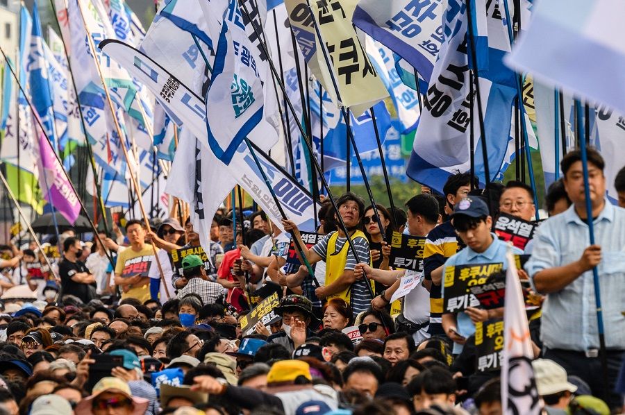 Thousands of people attend a rally in Seoul, South Korea, on 26 August 2023, in protest against Japan's discharge of treated wastewater from the crippled Fukushima nuclear power plant. (Anthony Wallace/AFP)
