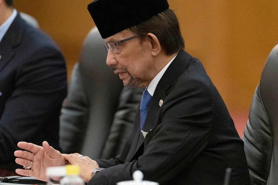Sultan of Brunei Haji Hassanal Bolkiah speaks during a meeting with Chinese President Xi Jinping (not pictured) at the Great Hall of the People in Beijing on 6 February 2025. (Andres Martinez Casares/AFP)