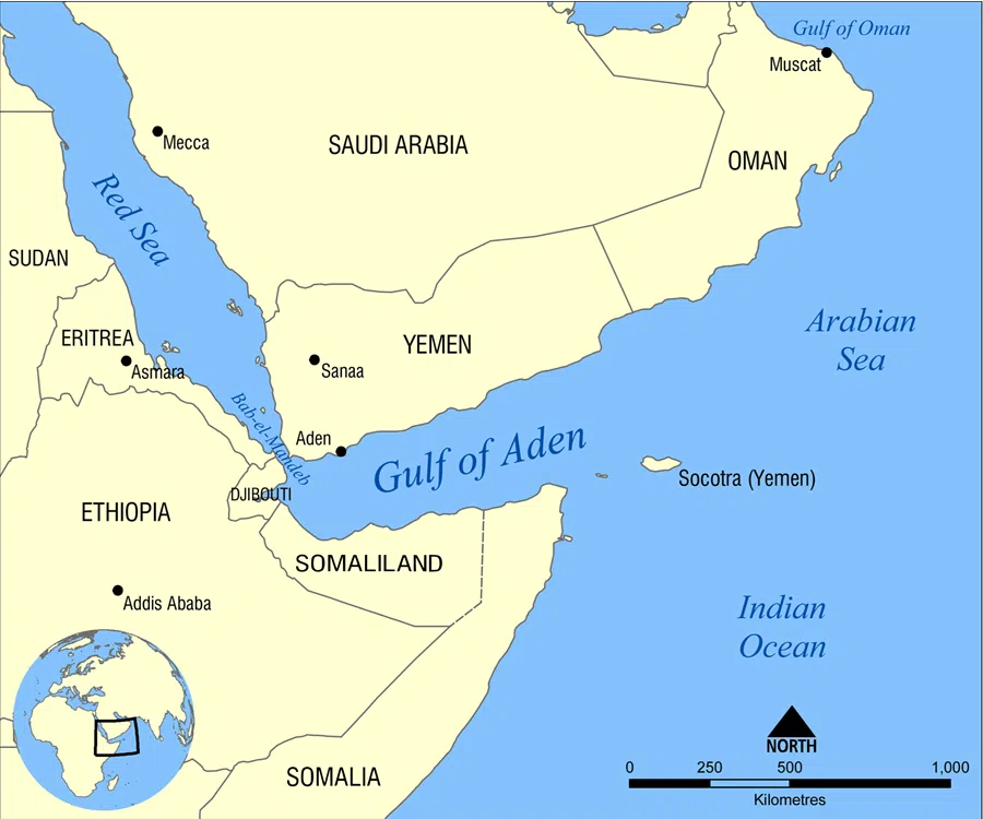 Map showing the location of the Gulf of Aden, located between Yemen and Somalia. Nearby bodies of water include the Red Sea and the Bab el-Mandeb Strait. (Image: NormanEinstein/Licensed under CC BY-SA 3.0)