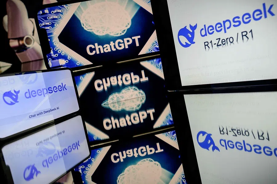 This photograph shows screens displaying the logo of DeepSeek, a Chinese artificial intelligence company which develops open-source large language models, and the logo of OpenAI’s artificial intelligence chatbot ChatGPT in Toulouse, southwestern France on 29 January 2025. (Lionel Bonaventure/AFP)