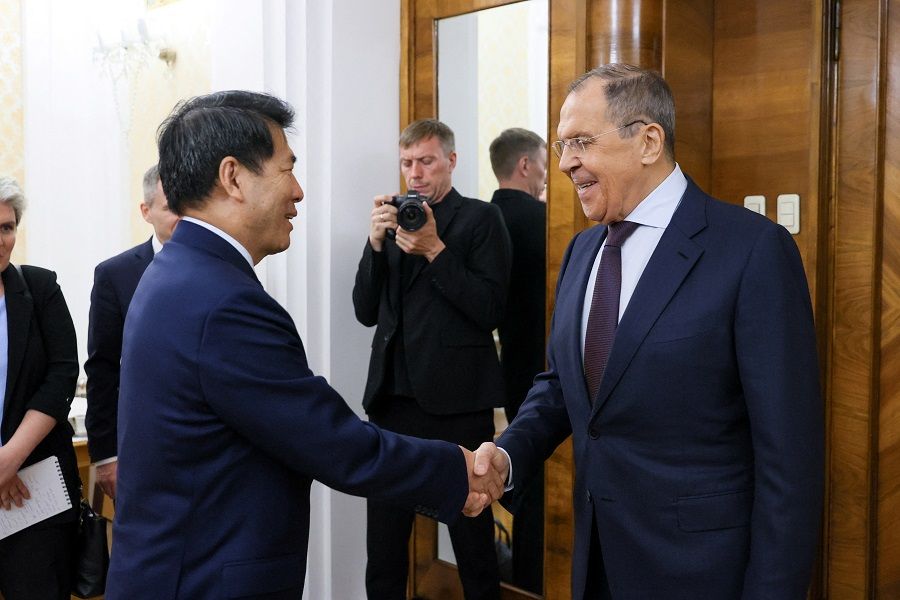 Russian Foreign Minister Sergei Lavrov attends a meeting with Chinese special envoy for Eurasian affairs Li Hui in Moscow, Russia, 26 May 2023. (Russian Foreign Ministry/Handout via Reuters)