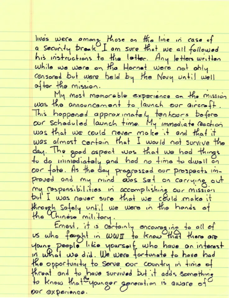 “Doolittle Raider” James H. Macia Jr.’s reply to a letter from a student named Ernest. (2 of 3)