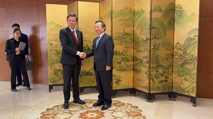 Minister in charge of the Public Service Chan Chun Sing (left) meeting with Minister of the Communist Party of China Central Committee Organisation Department Li Ganjie ahead of the 9th Singapore-China Forum on Leadership at the Diaoyutai State Guest House in Beijing, China, on 12 September 2023. (SPH Media)