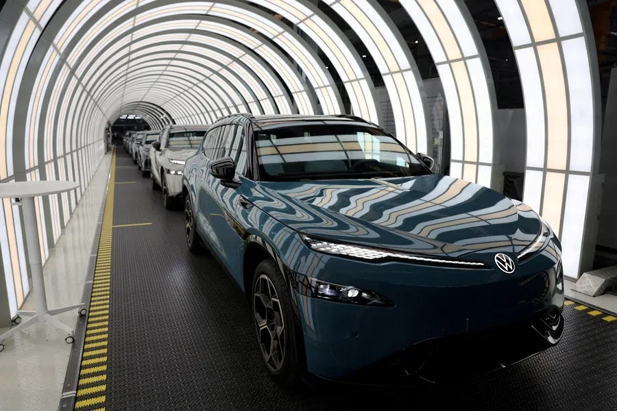 A Volkswagen ID. UNYX 08 electric vehicle sits on a production line at the Volkswagen Anhui factory in Hefei, Anhui province, China, on 4 February 2026.