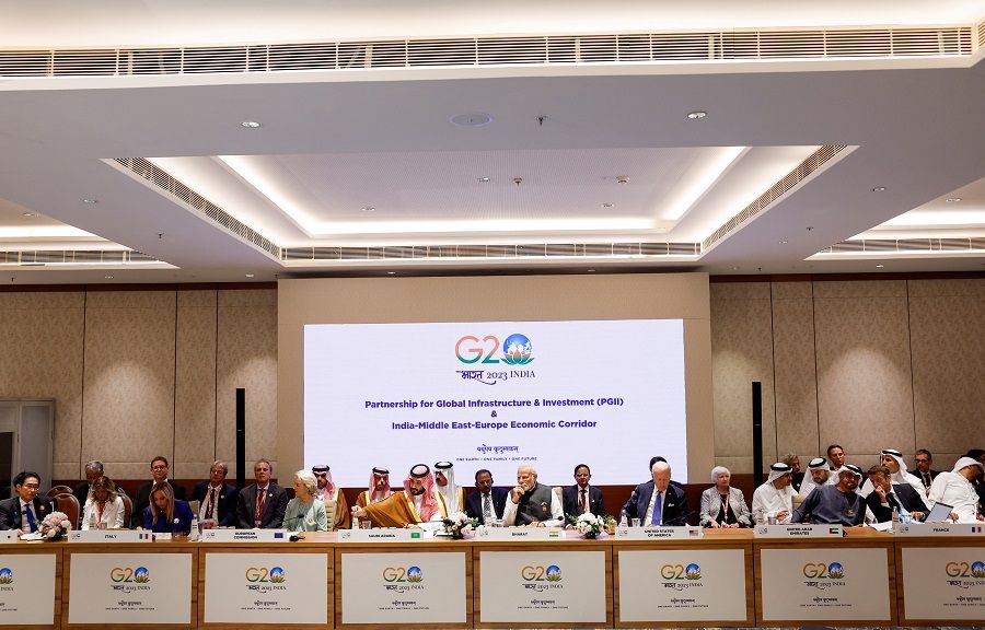World leaders attend the Partnership for Global Infrastructure and Investment event on the day of the G20 summit in New Delhi, India, on 9 September 2023. (Evelyn Hockstein/Pool/Reuters)